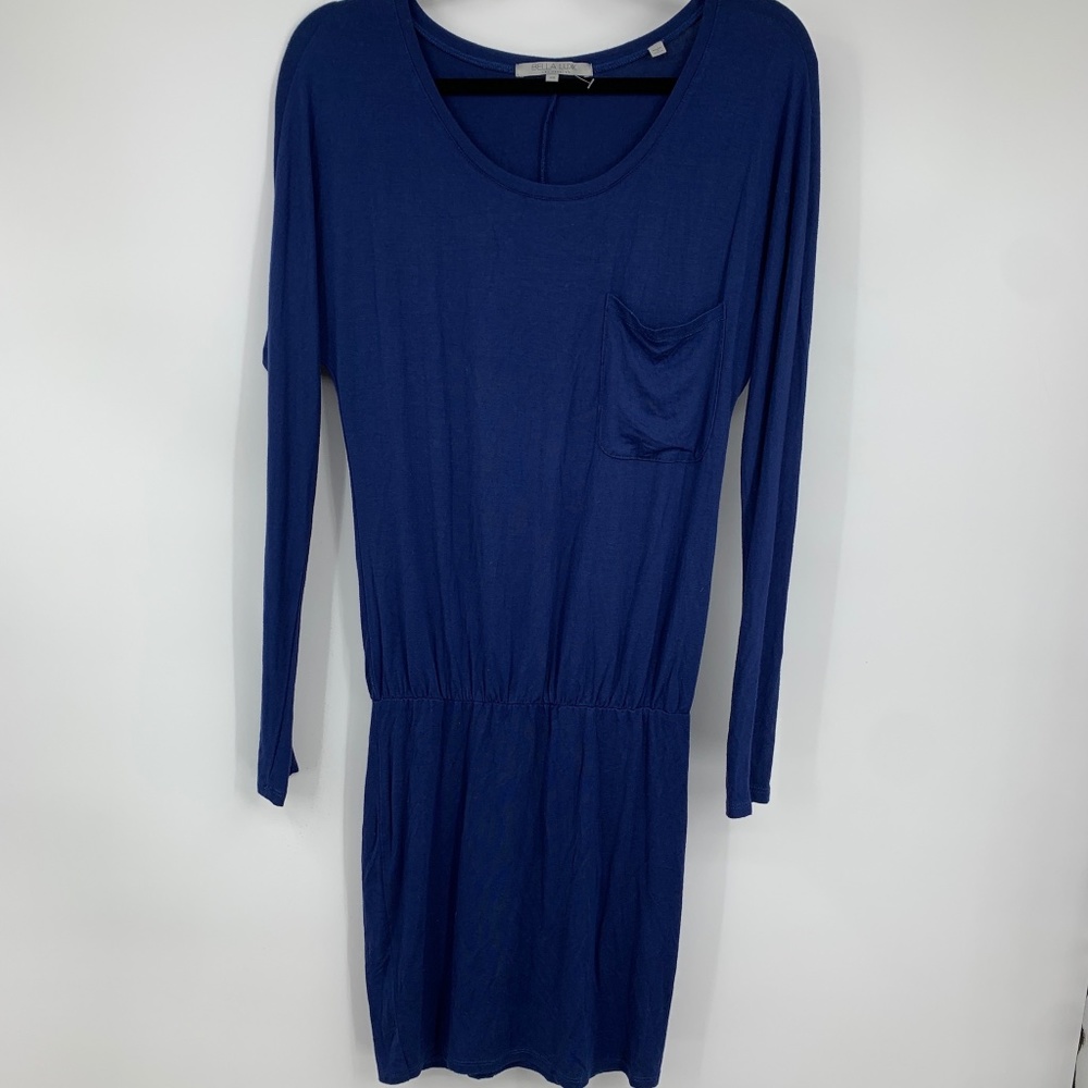 Bella Luxx womens XS dress stretch elastic waist jersey blue mini long sleeve